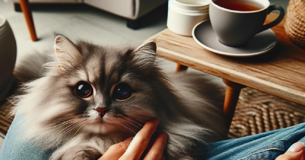 Gato peludo e xícara de café em casa.