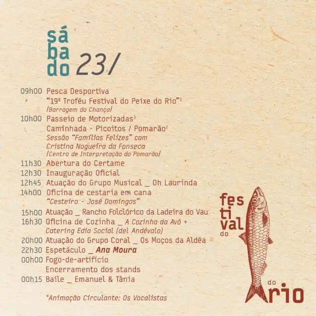 Programa de festival com atividades, música e pesca.