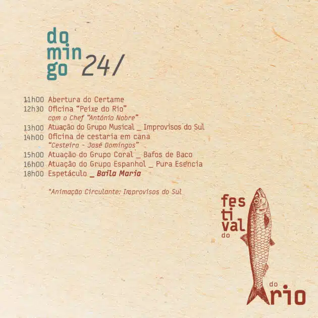 Cartaz cultural com programação de festival e ilustração de peixe.