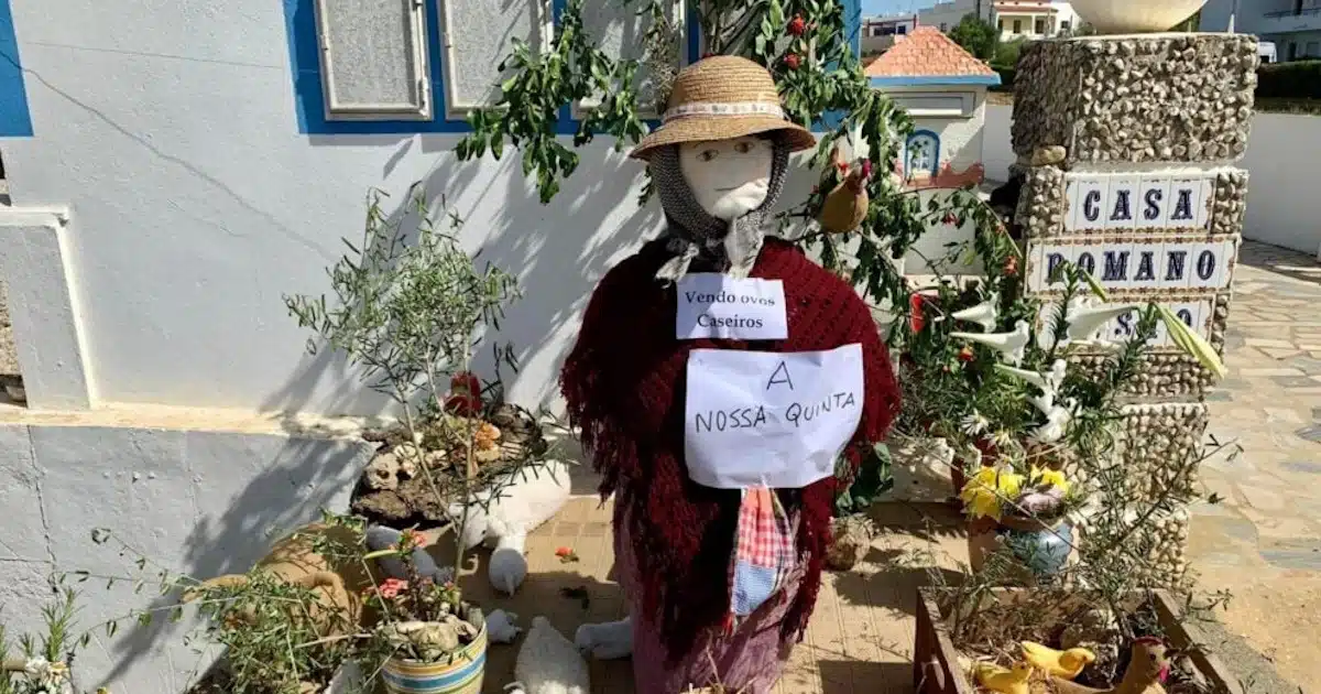 Espantalho decorativo em quinta, venda de ovos caseiros.