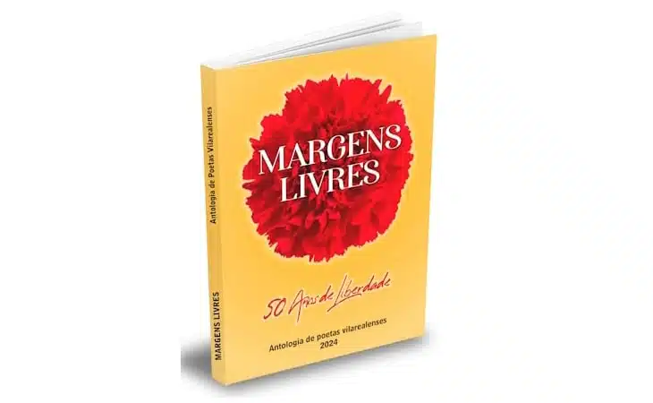 Livro "Margens Livres", poesia, cravo vermelho na capa.